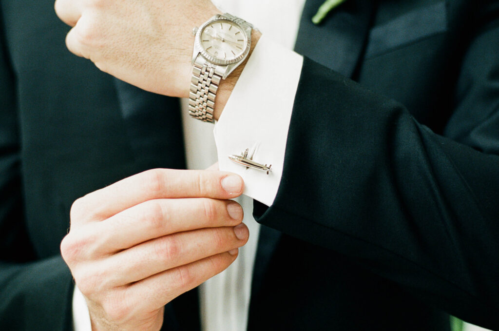 Groom's submarine cuff links at a Donnelly House Wedding from Birmingham AL wedding photographer