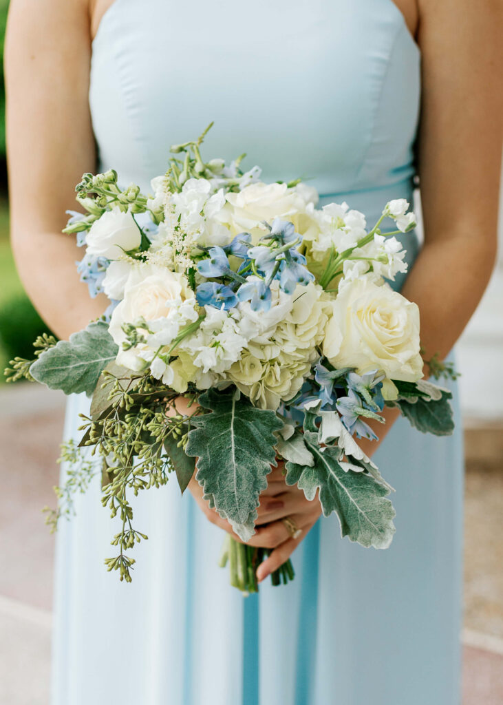 Blue bridesmaid dresses at a Donnelly House Wedding from Birmingham AL wedding photographer