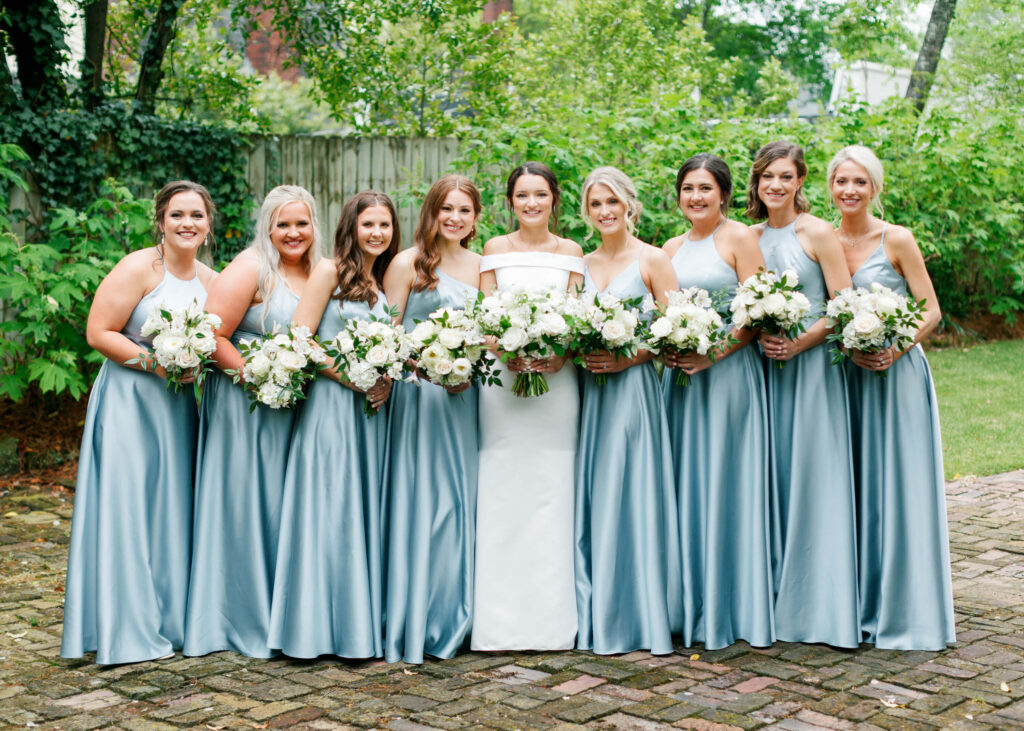Blue bridesmaid dresses at a Donnelly House wedding from a Birmingham AL wedding photographer