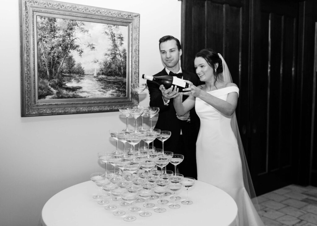 Champagne tower at a Donnelly House wedding from a Birmingham AL wedding photographer