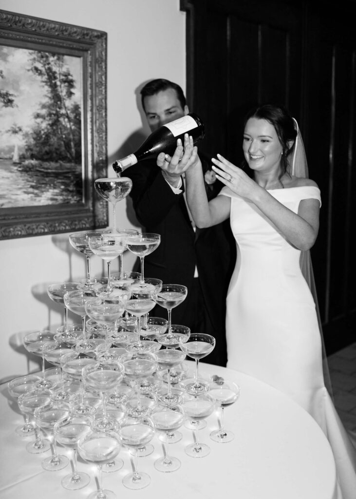 Champagne tower at a Donnelly House wedding from a Birmingham AL wedding photographer