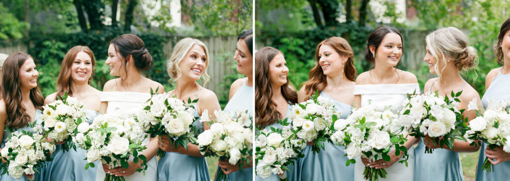 Blue bridesmaid dresses at a Donnelly House wedding from a Birmingham AL wedding photographer