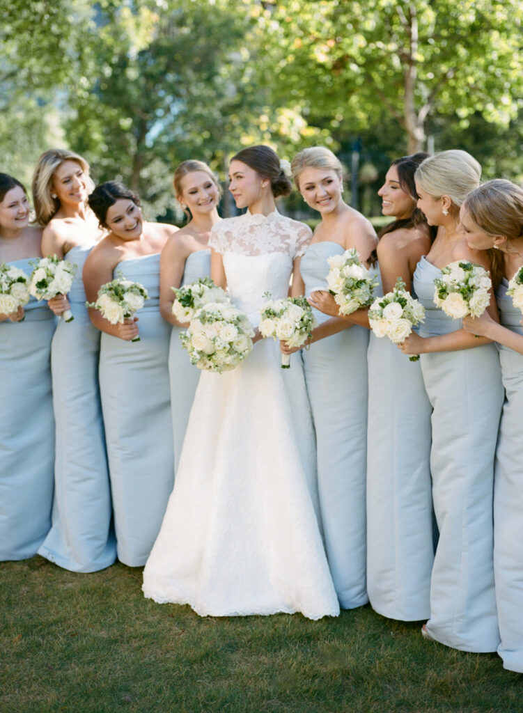 Amsale blue bridesmaids dresses at a St. Paul's Cathedral wedding, from a Birmingham, al wedding photographer