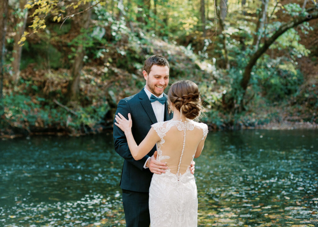 First Look by the Cahaba River at a Swann Lake Stables Wedding 