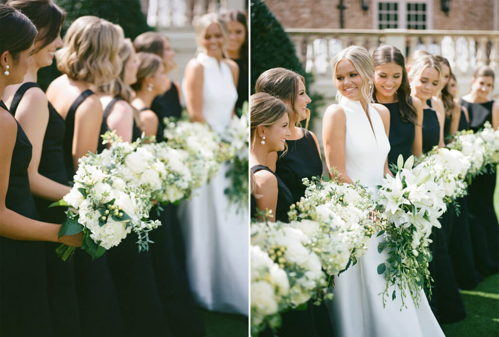 Black bridesmaids dresses photographed by a Birmingham AL film wedding photographer