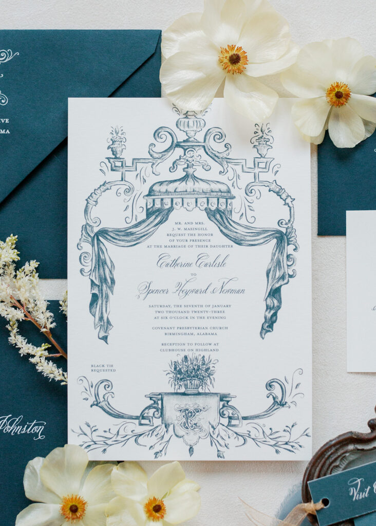 Navy Blue invitation suite at a Clubhouse on Highland Wedding