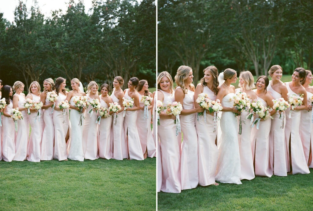 Light pink bridesmaids dresses at the Birmingham Botanical Gardens