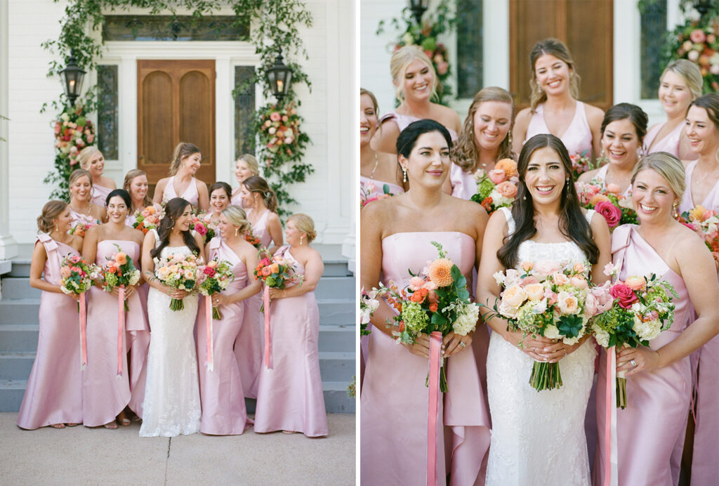 Pink bridesmaids dresses at a wedding at The Colonnade House in Columbus, MS