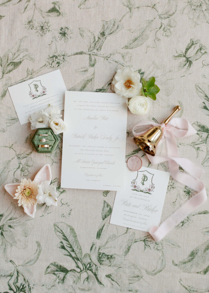 Wedding details flat lay at The Farrell in Birmingham, AL