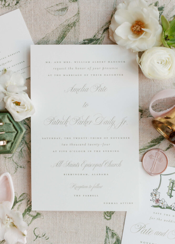 Wedding details flat lay at The Farrell in Birmingham, AL