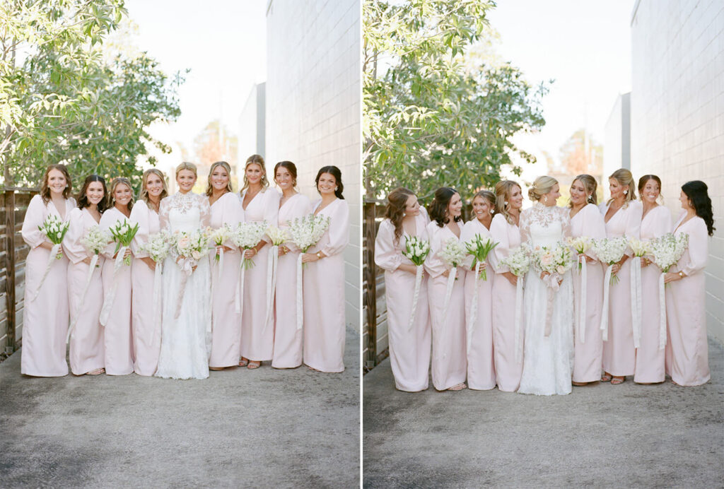 Pink bridesmaids dresses on film at The Farrell in Birmingham, AL