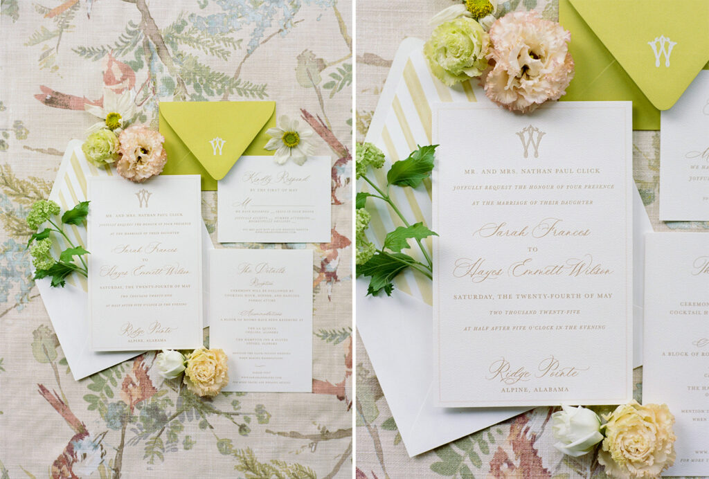 Invitation flat lay by an Alabama film wedding photographer