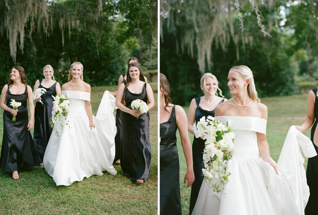 Bridesmaids photos with black bridesmaids dresses and white bouquets