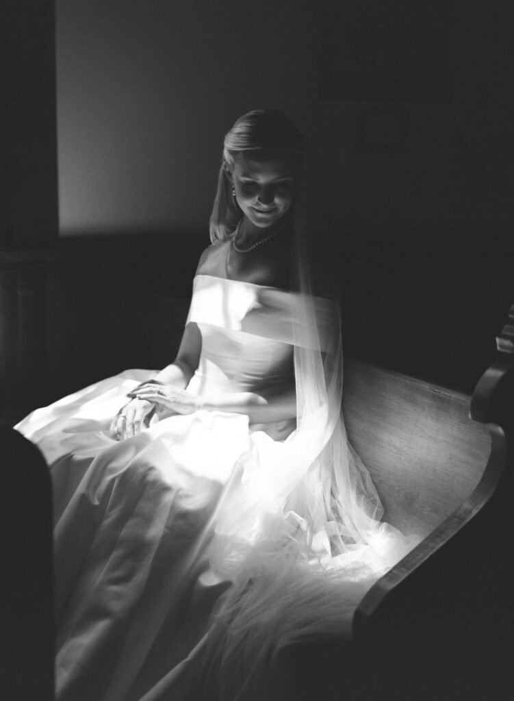 Black and white bridal portrait at Kanapaha Presbyterian Church in Gainesville, FL