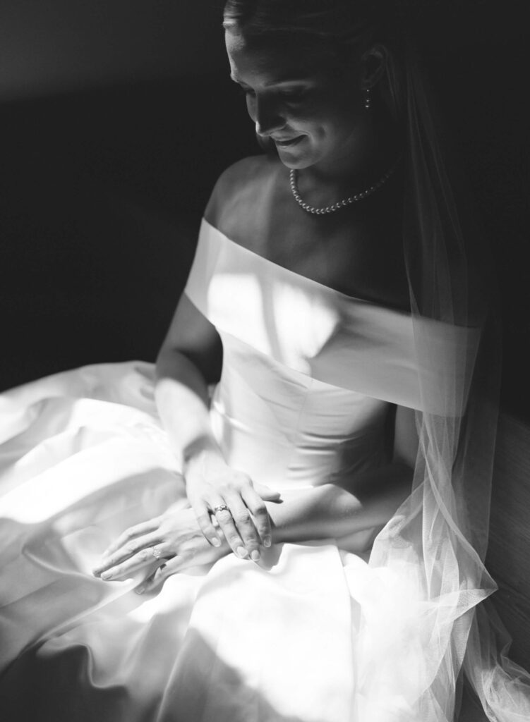 Black and white bridal portrait at Kanapaha Presbyterian Church in Gainesville, FL