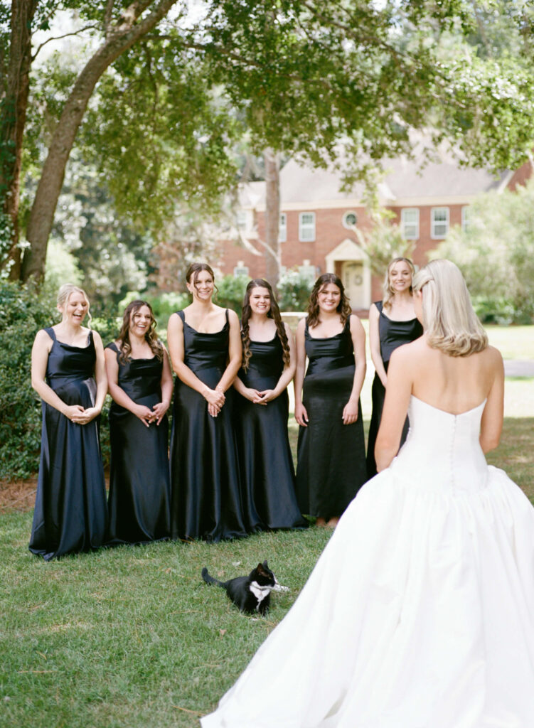 First look with a drop waist ball gown wedding dress