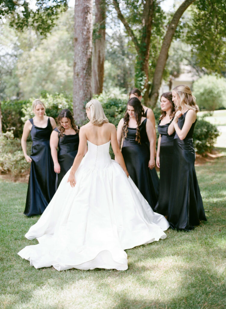 First look with a drop waist ball gown wedding dress