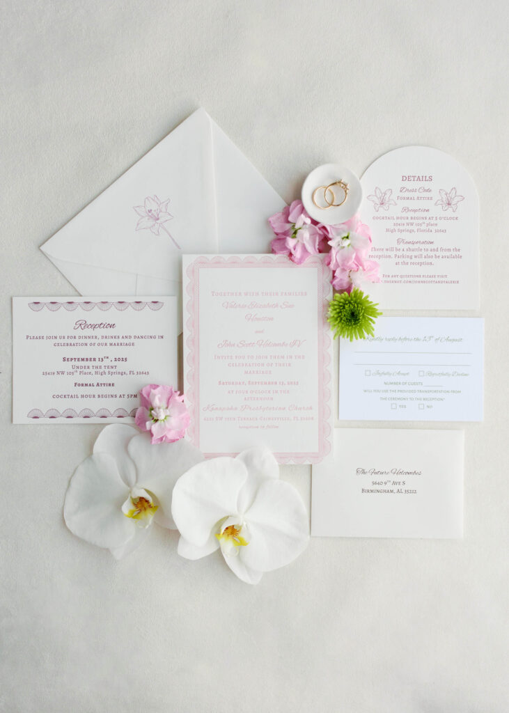 Pink letterpressed wedding invitation suite