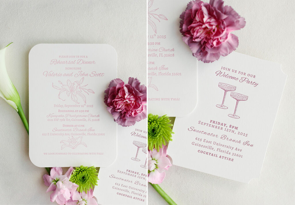 Pink letterpressed rehearsal dinner invitation