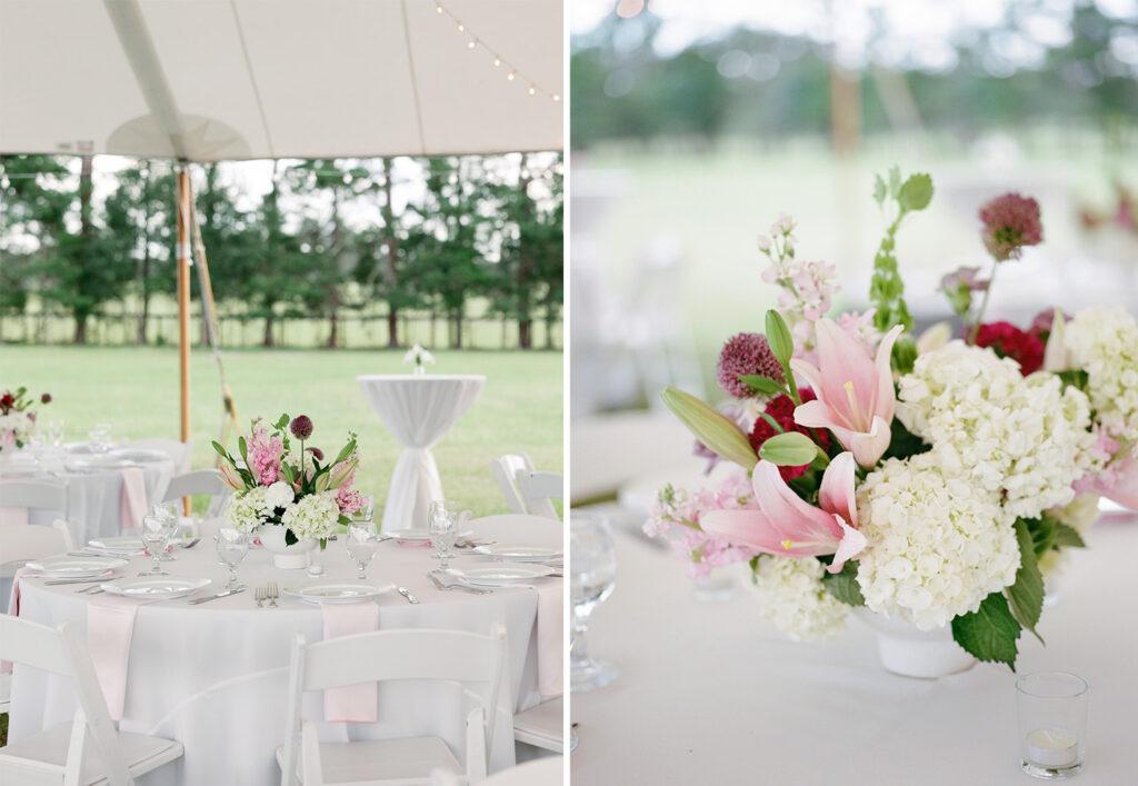Pink and green wedding compote centerpieces