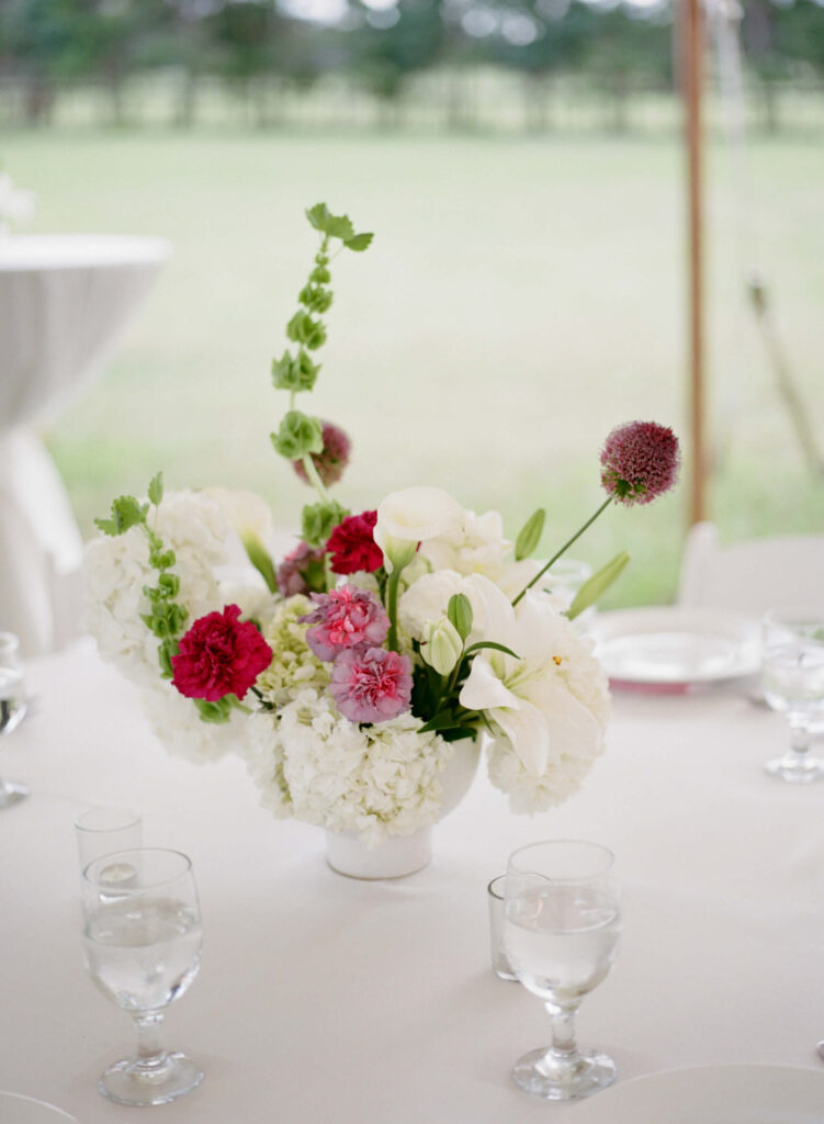 Pink and green wedding compote centerpieces