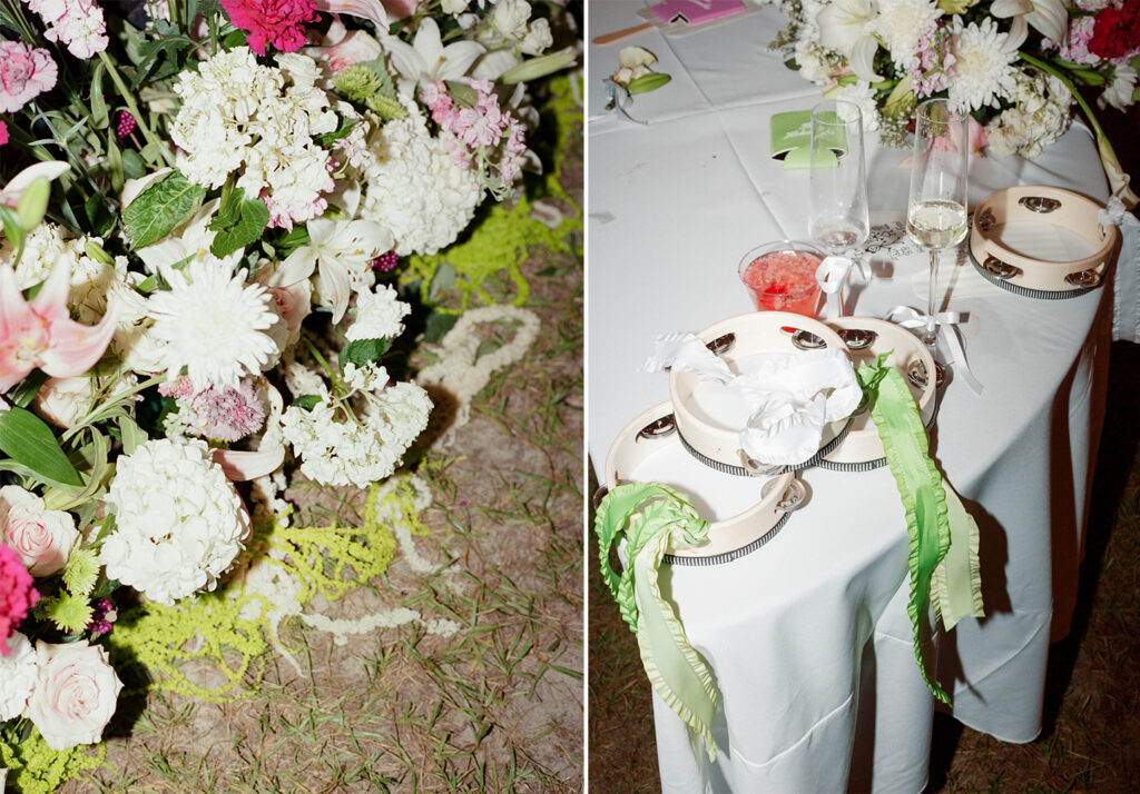 Pink and green wedding stage florals